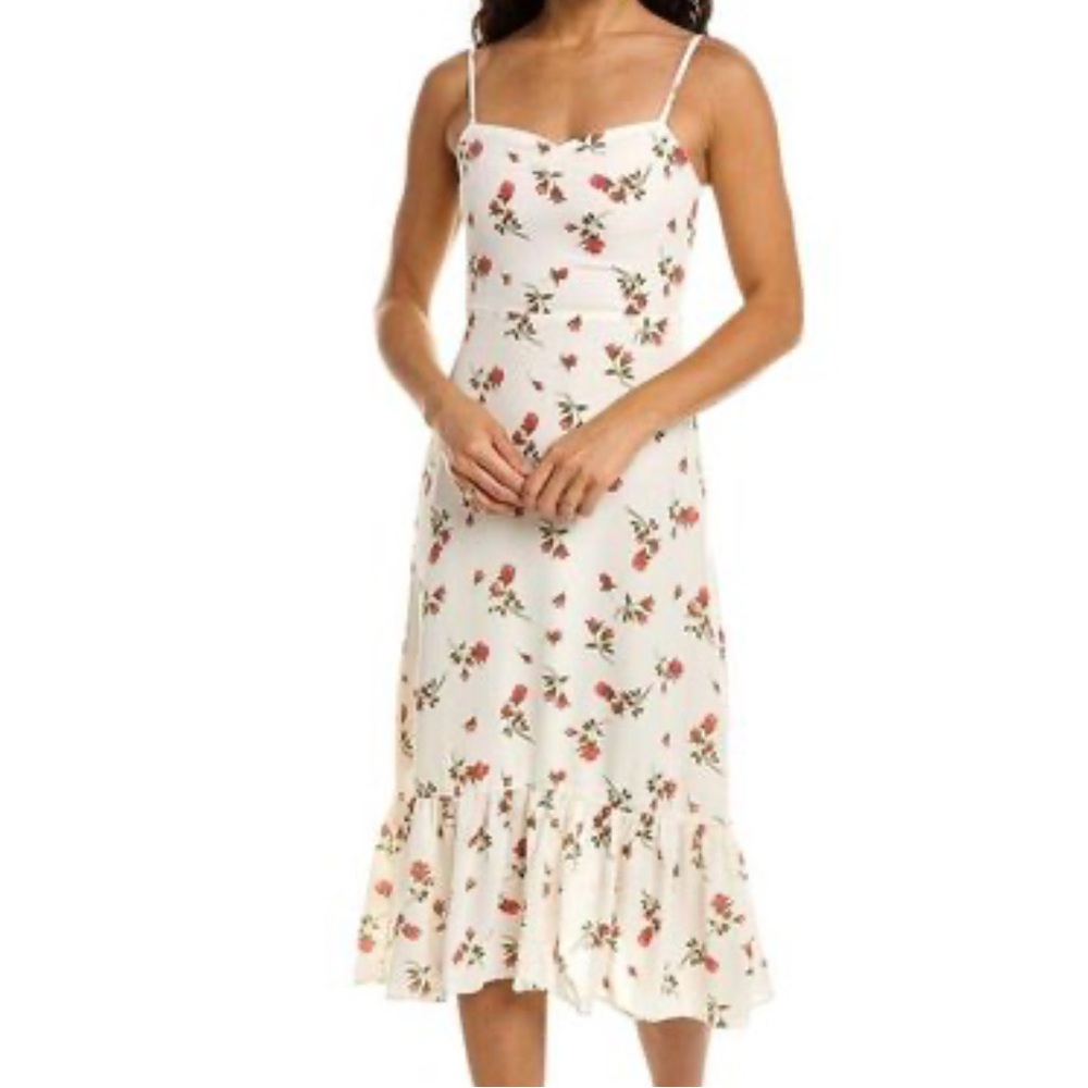 Moonsea White Pink Floral Spaghetti Strap Ruffle Smocked Back Midi Dress NWT L